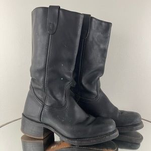 TEXAS Vintage 70’s Black Leather Square Toe Pull On Stacked Heel Cowboy Boots